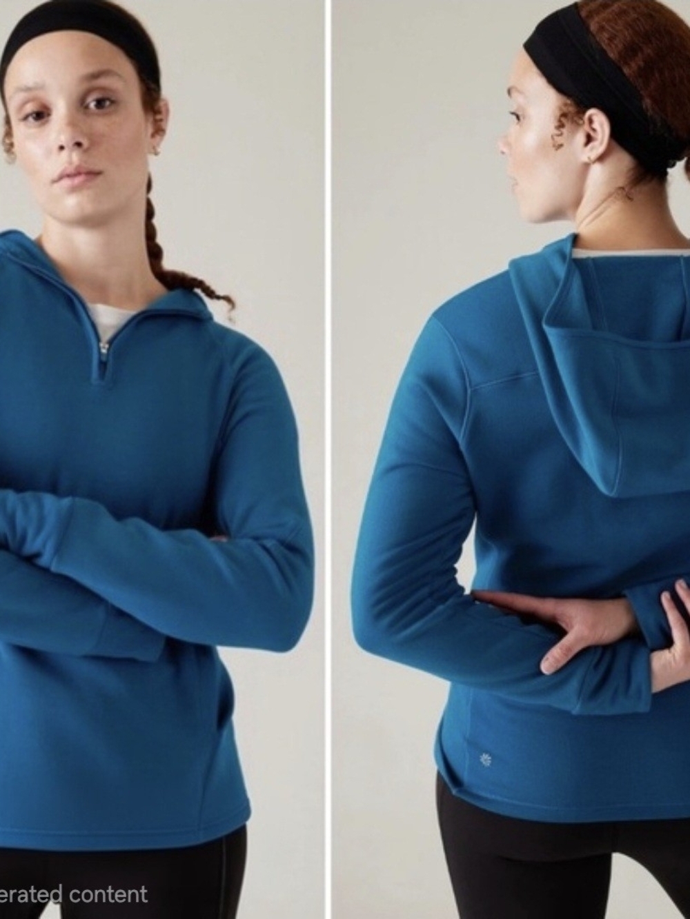 Athleta half-zip fleece hoodie, featuring a raglan sleeve design, hand pockets,
